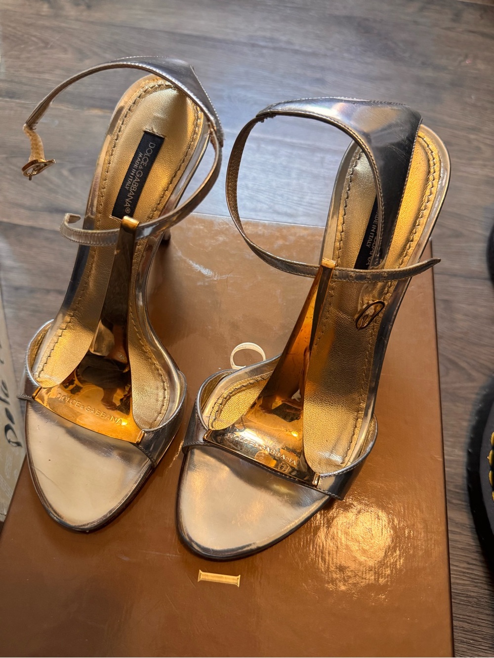 Dolce & Gabbana Metallic Silver T-Strap Heels